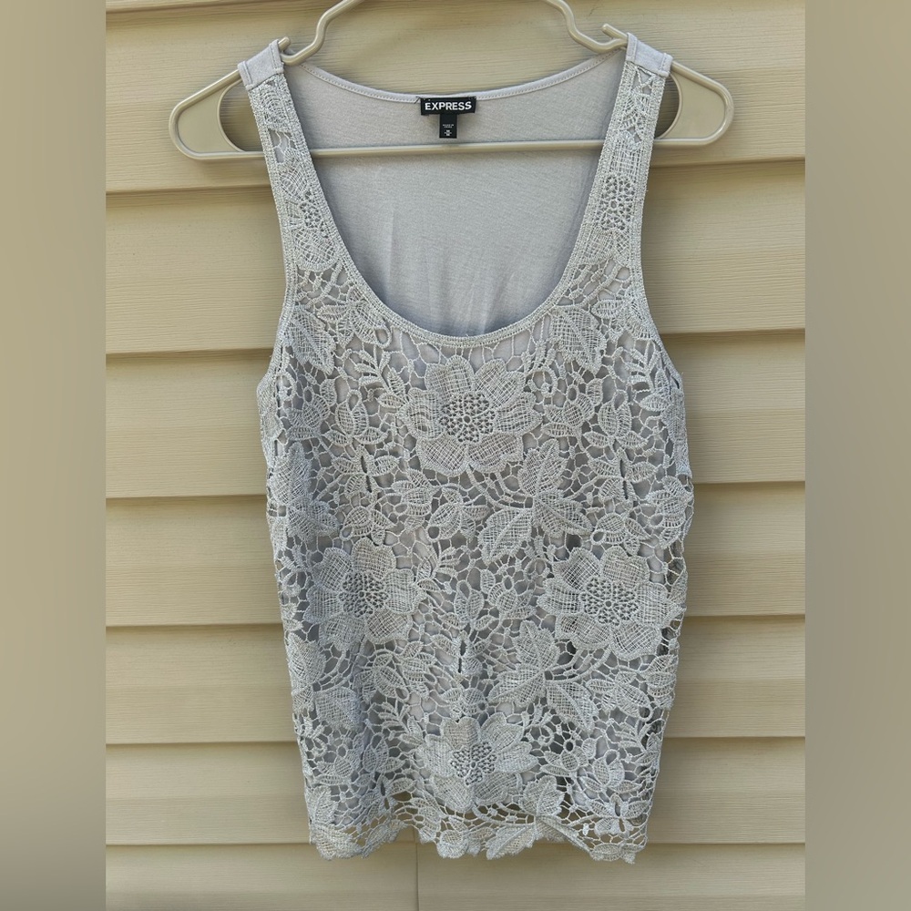 VTG Express M gray crochet lace Y2K floral tank top blouse feminine romantic